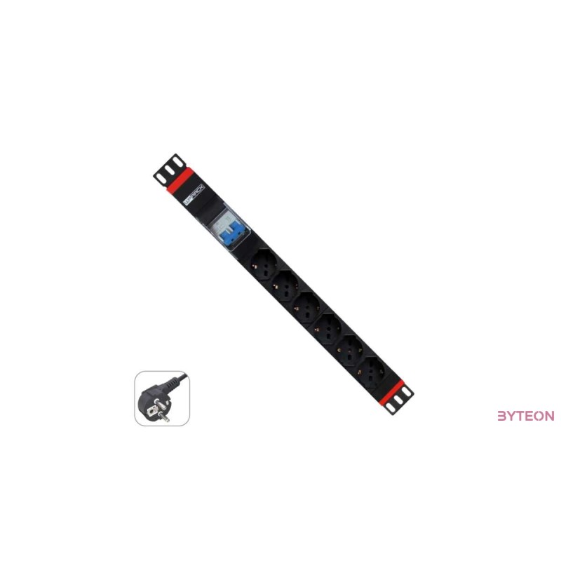 WP Multiple Socket for rack 19"– 6 Italian/Schuko sockets  with 2P circuit braker 1A/60A, 1 unit  - Schuko Plug