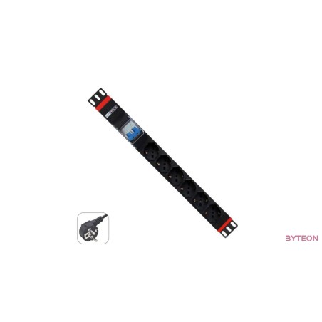 WP Multiple Socket for rack 19"– 6 Italian/Schuko sockets  with 2P circuit braker 1A/60A, 1 unit  - Schuko Plug