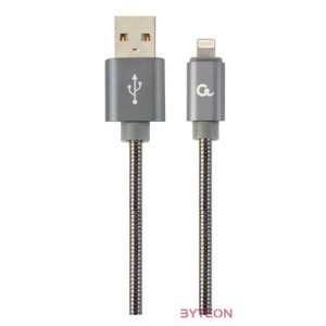 Gembird Premium spiral metal 8-pin charging and data cable, 1m, metallic-grey