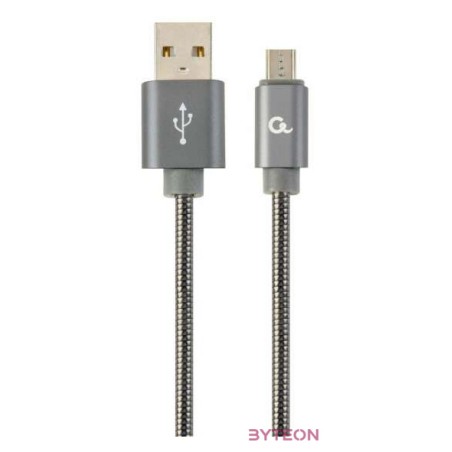Gembird Premium spiral metal Micro-USB charging and data cable,2m,metallic-grey