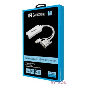 Sandberg VGA USB A - HDMI M,F adapter 0.2m +audio fehér