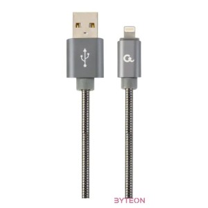 Gembird Premium spiral metal 8-pin charging and data cable, 2m, metallic-grey