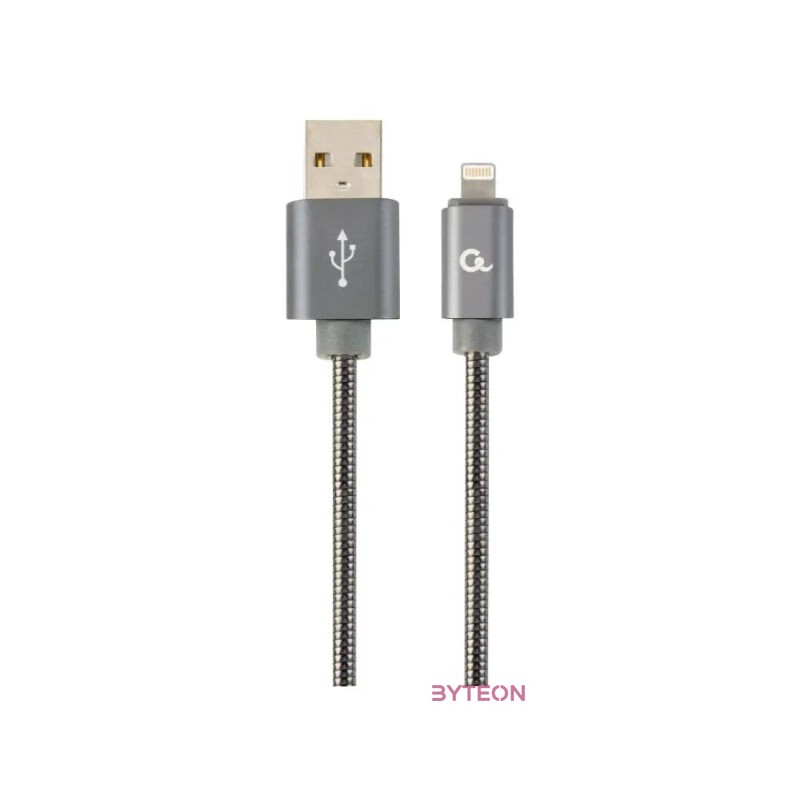 Gembird Premium spiral metal 8-pin charging and data cable, 2m, metallic-grey