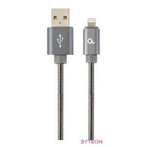 Gembird Premium spiral metal 8-pin charging and data cable, 2m, metallic-grey