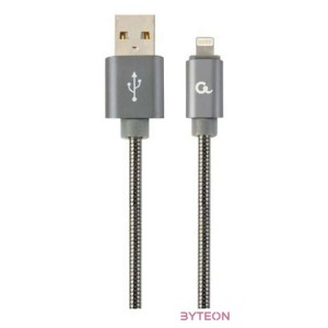 Gembird Premium spiral metal 8-pin charging and data cable, 2m, metallic-grey