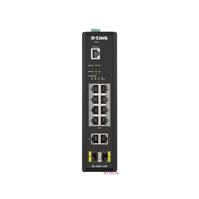 D-Link Ipari Switch 12 Port - 8x1000Mbs PoE  2x1000Mbs  2xSFP  1xRJ45 Console Port - DIS-200G-12PS