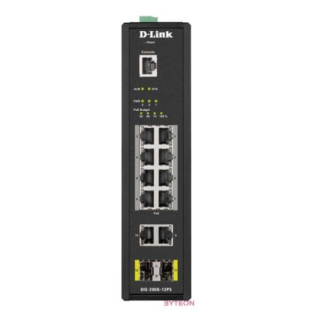 D-Link Ipari Switch 12 Port - 8x1000Mbs PoE  2x1000Mbs  2xSFP  1xRJ45 Console Port - DIS-200G-12PS