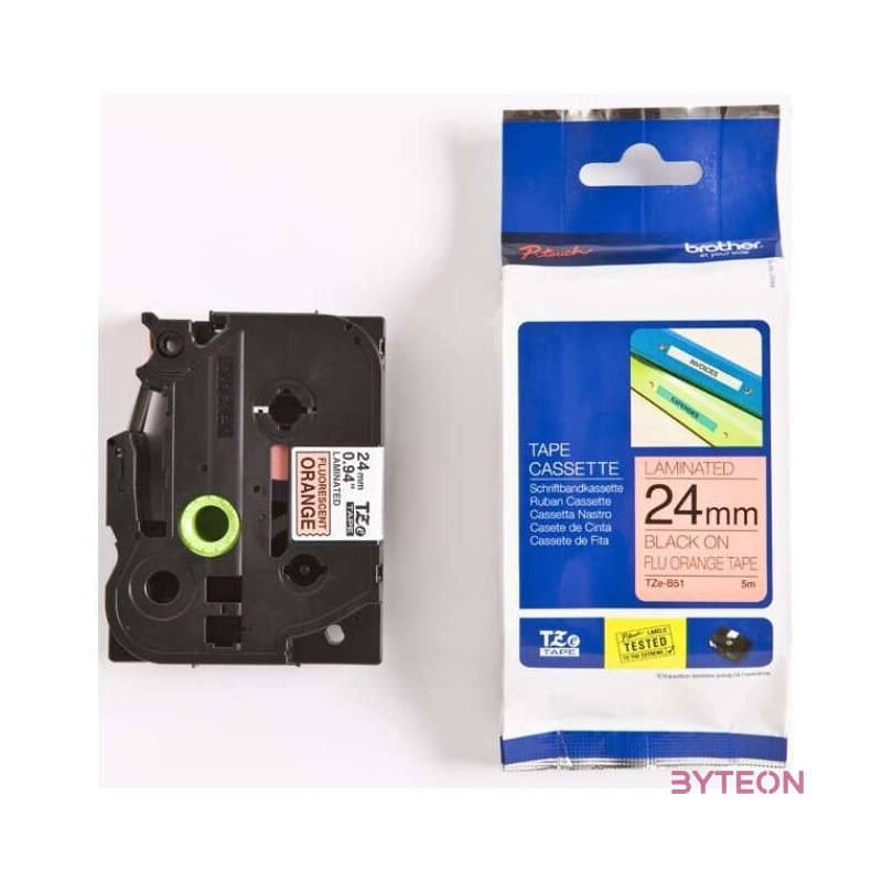 BROTHER szalag TZe-B51, Fluoreszkáló narancs alapon Fekete, Laminált, 24mm  0.94, 5 méter
