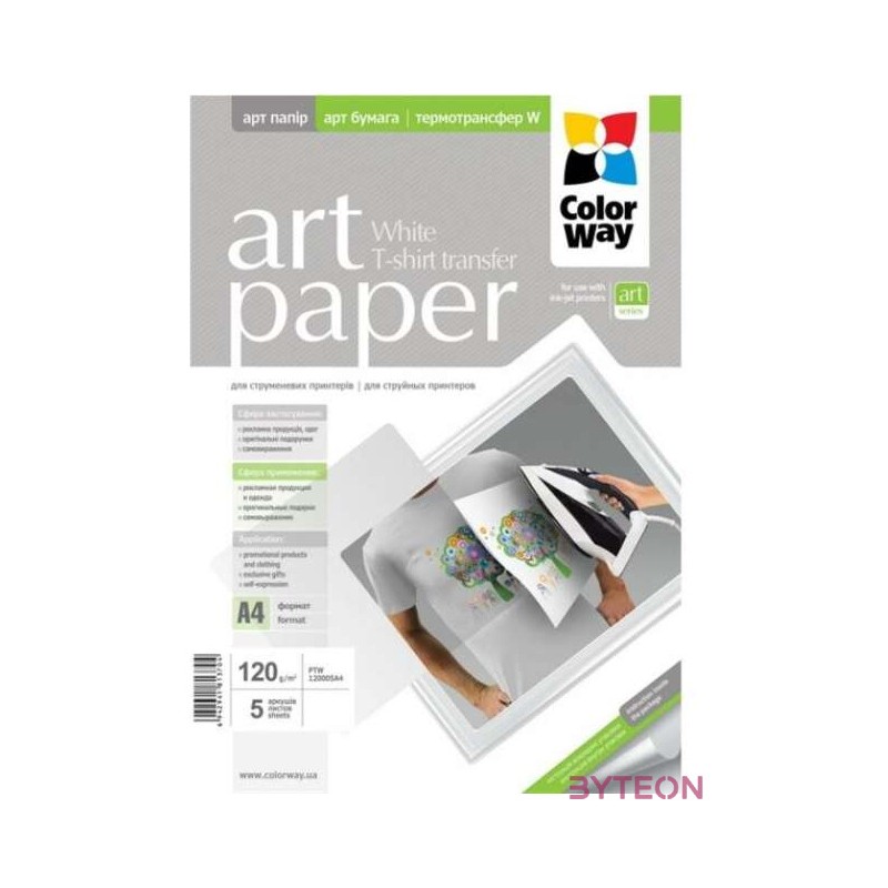 COLORWAY Fotópapír, pólóra vasalható (ART T-shirt transfer, white), 120 g,m2, A4, 5 lap