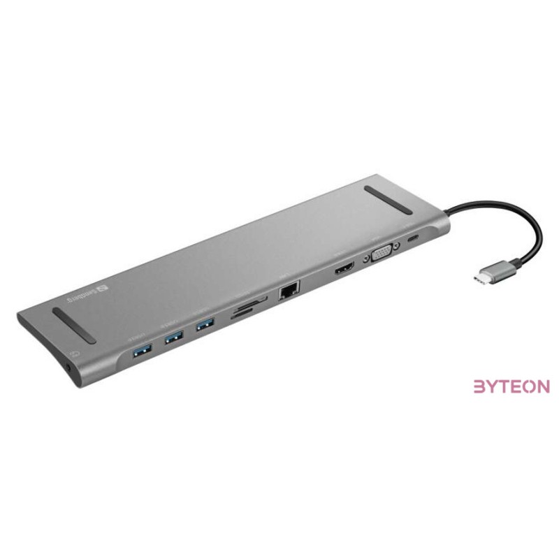 Sandberg Notebook Dokkoló - USB-C 10-in-1 Docking Station (USB-C, HDMI,VGA, 3x USB3.0, 1x RJ-45, Audio, kártyaolvasó)