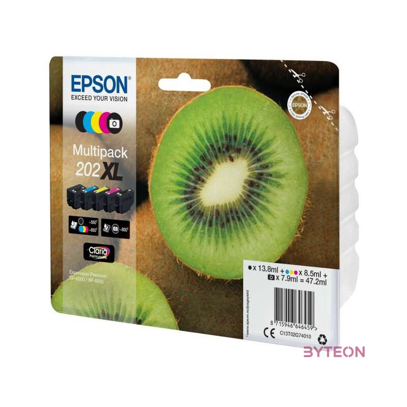Epson Kiwi 202XL tintapatron 1 dB Eredeti Nagy (XL) kapacitású Fekete, Fotó fekete, Cián, Magenta, Sárga