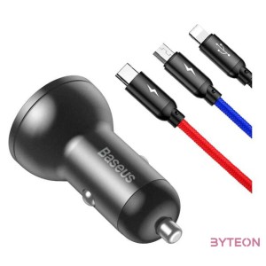 Baseus autós töltő 24 W-os kijelzővel  3 az 1-ben Baseus három elsődleges szín 1,2 m-es USB kábel
