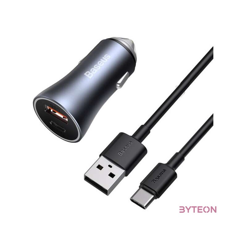 Baseus Golden Contactor Pro autós töltő, USB  USB-C, QC4.0 , PD, SCP, 40 W (szürke)  USB-USB-C kábel 1 m (fekete)