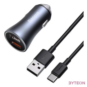 Baseus Golden Contactor Pro autós töltő, 2x USB, 40W (szürke)  USB-USB-C kábel 1 m (fekete)