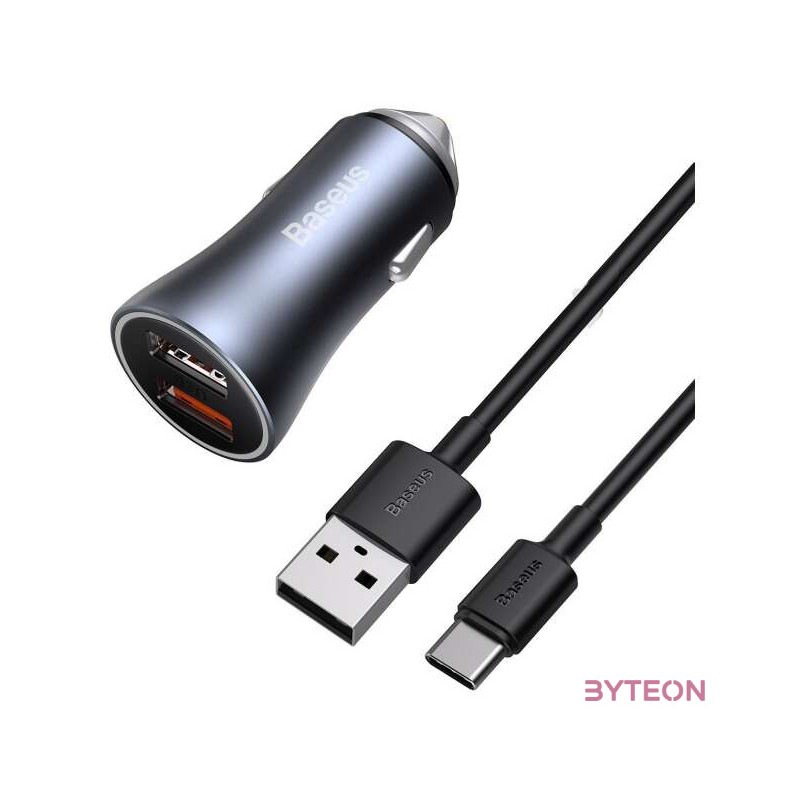 Baseus Golden Contactor Pro autós töltő, 2x USB, 40W (szürke)  USB-USB-C kábel 1 m (fekete)