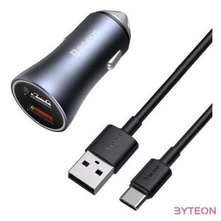 Baseus Golden Contactor Pro autós töltő, 2x USB, 40W (szürke)  USB-USB-C kábel 1 m (fekete)