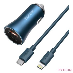 Baseus Golden Contactor Pro autós töltő, USB  USB-C, QC4.0 , PD, SCP, 40 W (kék)  USB-C - Lightning kábel 1 m (kék)