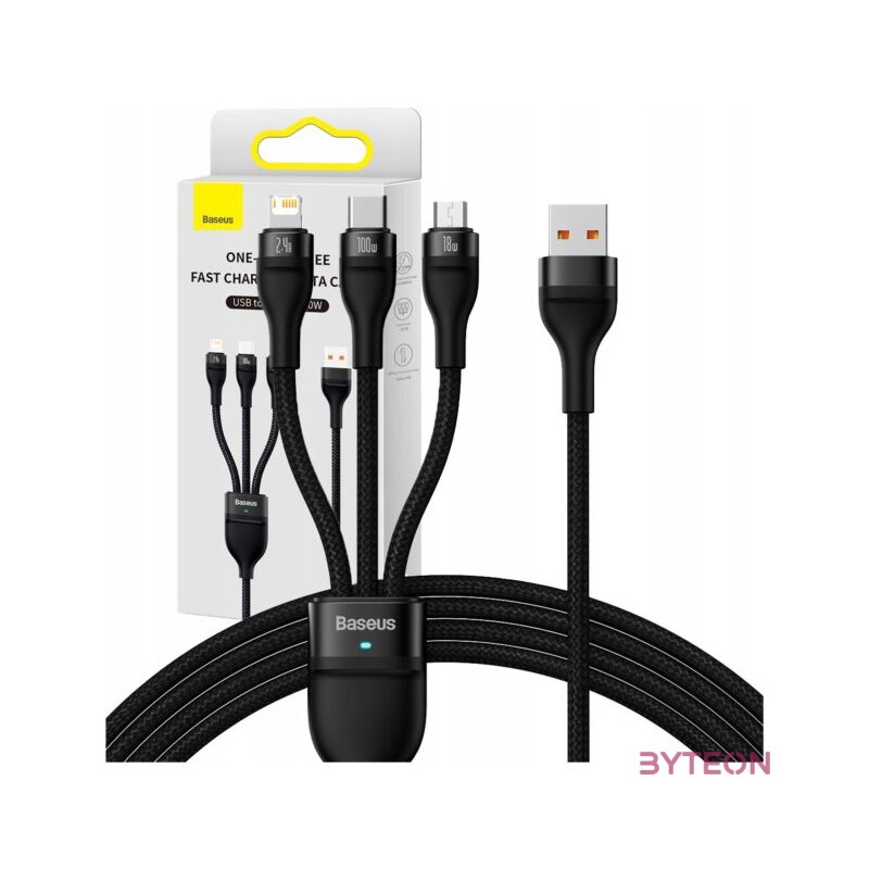 Baseus Flash Series 3 az 1-ben USB-kábel, USB-C  micro USB  Lightning, 100W, 1.2m (fekete)