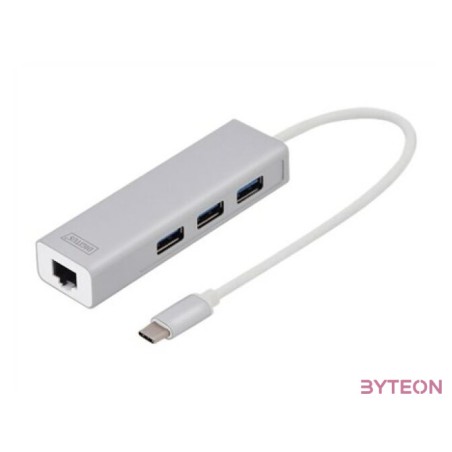 DIGITUS 3 Port USB 3.0 Type C Hub with Gigabit Ethernet 3xUSB A,F 1xUSB C,M 1xRJ45 LAN Supports Windows and Mac OS