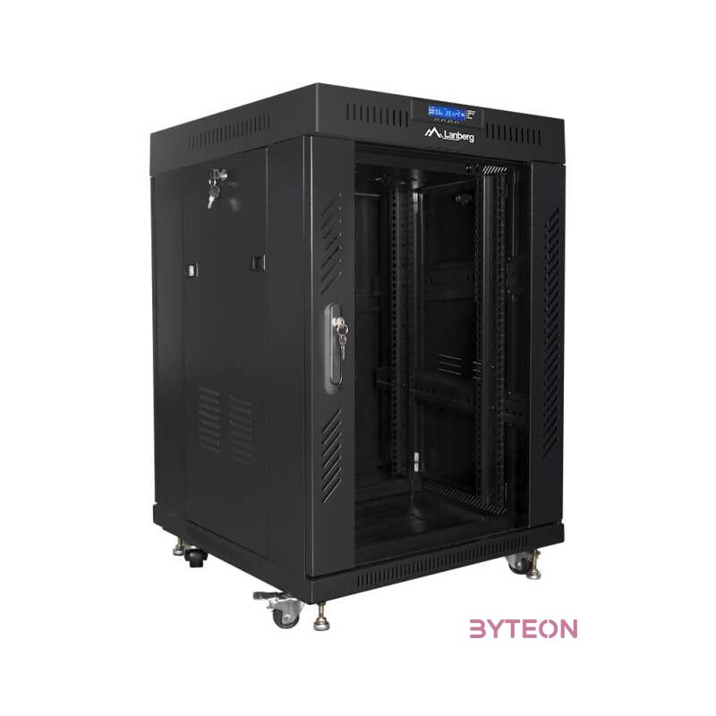 LANBERG free standing rack 19inch cabinet 15U 600x600 glass door LCD flat pack black