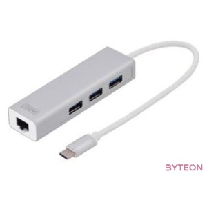 DIGITUS 3 Port USB 3.0 Type C Hub with Gigabit Ethernet 3xUSB A,F 1xUSB C,M 1xRJ45 LAN Supports Windows and Mac OS