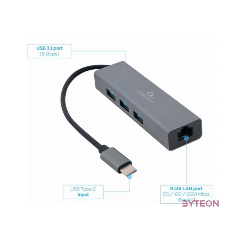 GEMBIRD A-CMU3-LAN-01 USB-C Gigabit network adapter with 3-port USB 3.1 hub