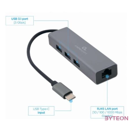 GEMBIRD A-CMU3-LAN-01 USB-C Gigabit network adapter with 3-port USB 3.1 hub