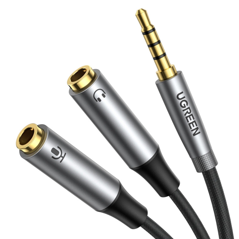 UGREEN AV192 AUX audio elosztó 3,5 mm-es mini jack kábel (dugós) a fejhallgatóhoz + mikrofon (anya), 20 cm (szürke)