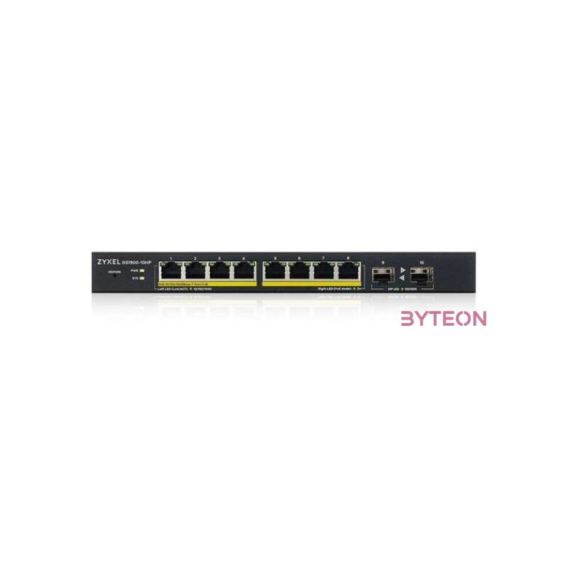 ZYXEL GS1900-10HP v2 8-port GbE L2 PoE Smart Switch  2 SFP slots 802.3at desktop fanless 70 Watt