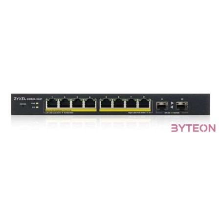 ZYXEL GS1900-10HP v2 8-port GbE L2 PoE Smart Switch  2 SFP slots 802.3at desktop fanless 70 Watt