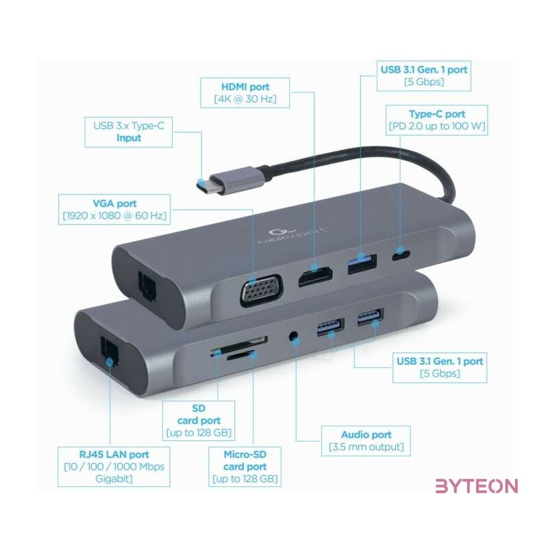 GEMBIRD A-CM-COMBO7-01 Multi Port Adapter USB Type C Hub3.0 HDMI VGA PD card reader stereo audio space grey