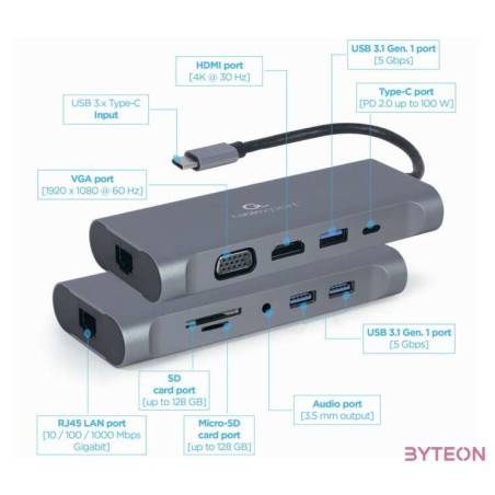 GEMBIRD A-CM-COMBO7-01 Multi Port Adapter USB Type C Hub3.0 HDMI VGA PD card reader stereo audio space grey