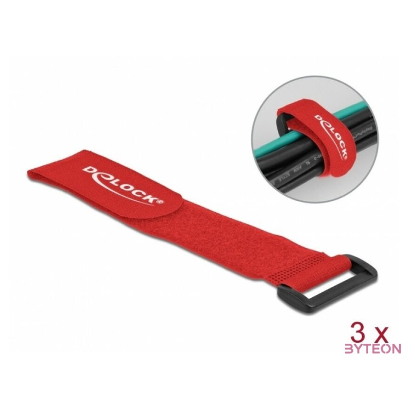Delock Befűzős kábelkötegelő tépőzárral hossza 280 mm, szélessége 38 mm, 3 db. Piros