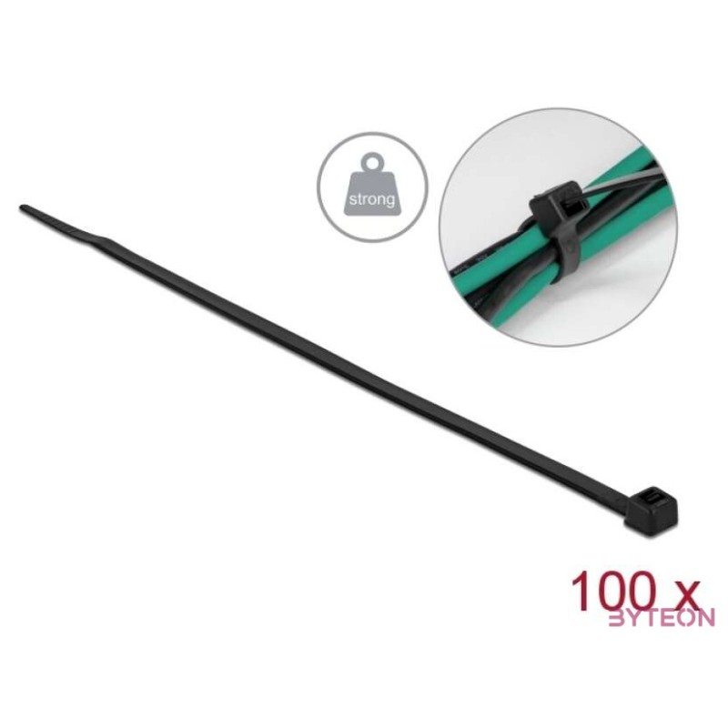 Delock Kábelkötöző magas szakítószilárdsággal hossza 300 x szélessége 4,8 mm, 100 db. Fekete