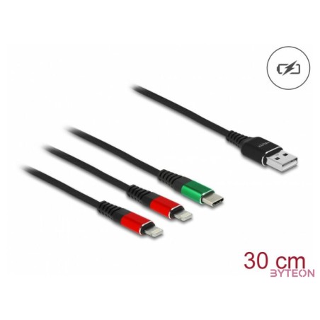Delock 30 cm hosszú, USB töltő kábel 3 az 1 A-típusú apa 2 x Lightning -, es USB Type-C csatlakozáshoz