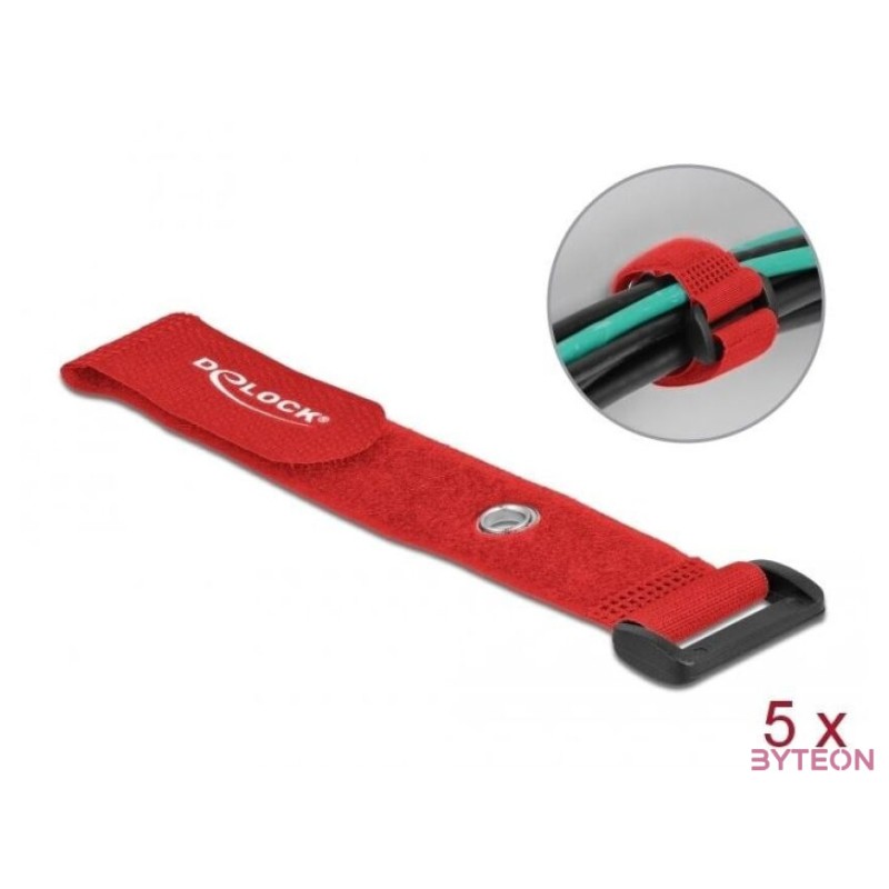 Delock Befűzős kábelkötegelő tépőzárral és szorító karikával hossza 190 mm, szélessége 25 mm, 5 db.