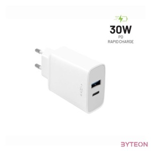 FIXED hálózati töltő USB-C és USB kimenettel, PD, 30W, fehér