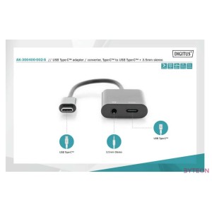 Digitus USB-C-típusú Splitter kábel (USB-C apa - 3.5mm jack  USB-C anya) 0.2m - Fekete