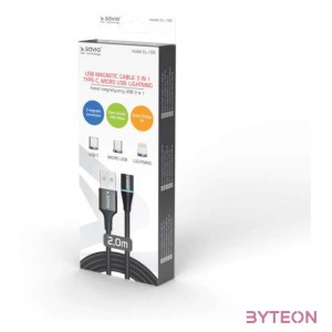 Savio USB 2.0 A - USB C,Micro USB,Lightning kábel 2m - Fekete