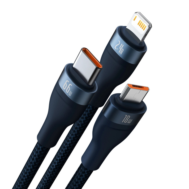 3in1 USB cable Baseus USB 3in1 Baseus Flash Series,  USB-C + Micro + Lightning 66W, 1.2m (blue)