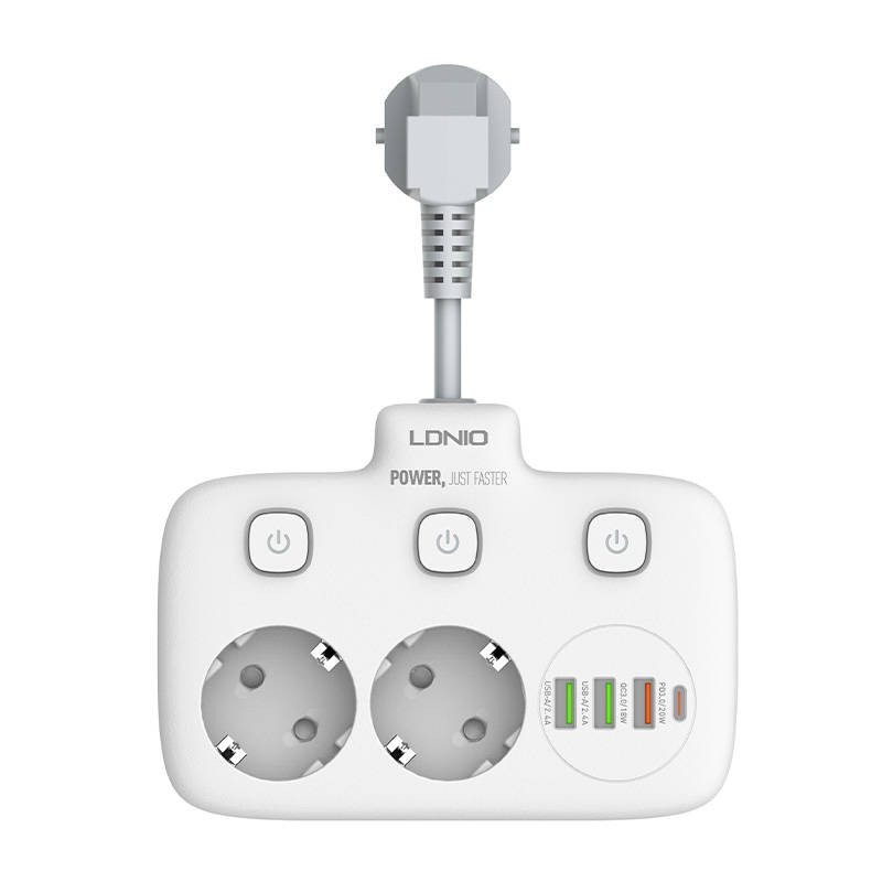 Power strip with 2 AC sockets, 3x USB, USB-C, LDNIO SE2435, 2500W (white)