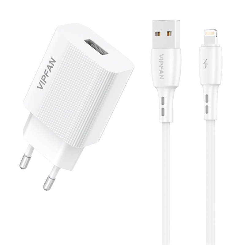 Vipfan E01 hálózati töltő, 1x USB, 2,4A + Lightning kábel (fehér)