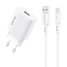 Vipfan E01 hálózati töltő, 1x USB, 2,4A + USB-C kábel (fehér)