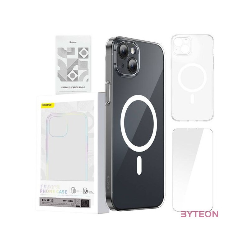 Baseus Crystal Mágneses telefontok iPhone 13 telefonhoz (Átlátszó), Edzett üveg képernyővédő fóliával és Tisztítókészlettel