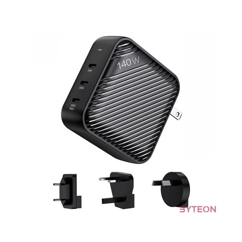 Wall charger INVZI GanHub 3x USB-C, 140W, EU,UK,AU,US (black)