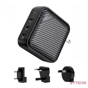 Wall charger INVZI GanHub 3x USB-C, 140W, EU,UK,AU,US (black)