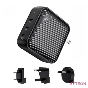 Wall charger INVZI GanHub 3x USB-C, 140W, EU,UK,AU,US (black)