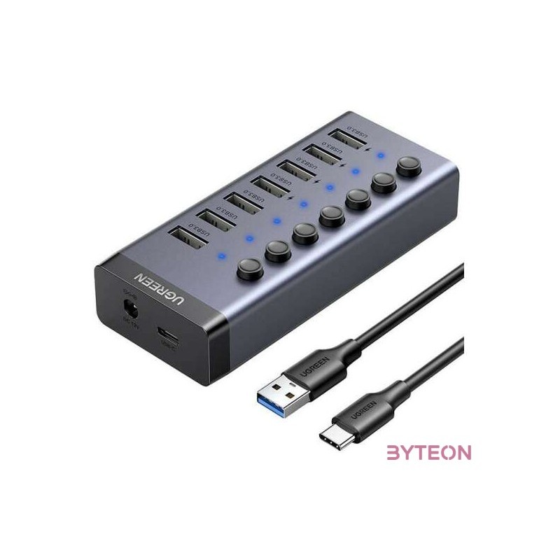 UGREEN Hub 7in1 USB-C, 7x USB-A 3.0 12V 2A (fekete)
