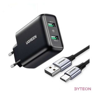 UGREEN Gyorstöltő, 2xUSB-A, 18W, PD 3.0 EU (fekete)