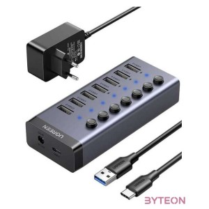 UGREEN Hub 7in1 USB-C, 7x USB-A 3.0 12V 2A (fekete)
